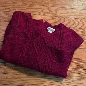 Red cableknit sweater, zipper back detail